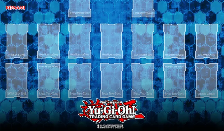 Blue Yu-Gi-Oh! playmat with card zones
